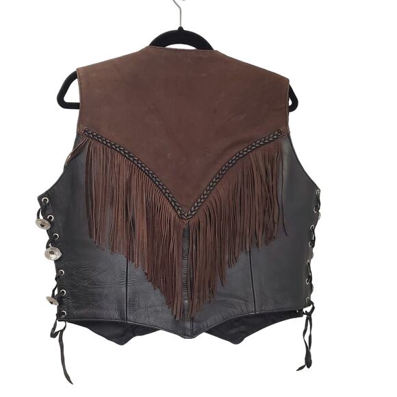 Antelope Creek Black Leather Brown Suede Fringe Western Biker Vest XL Conchos - Picture 2 of 10